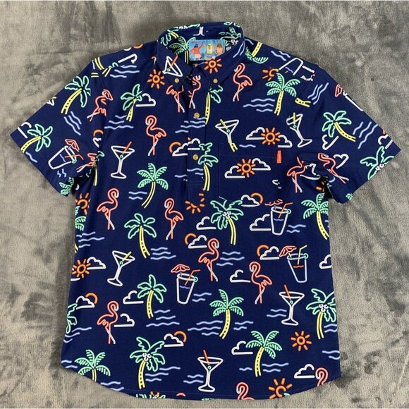 Chubbies Neon Lights Pullover Hawaiian Shirt Flamingo Palm Tree Men's Medium - Picture 1 of 7
